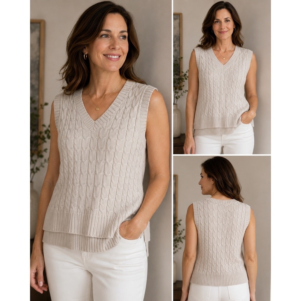 Les Serein Cable Knit Sweater Vest V-Neck High-Low Hem Light Gray Small NWT